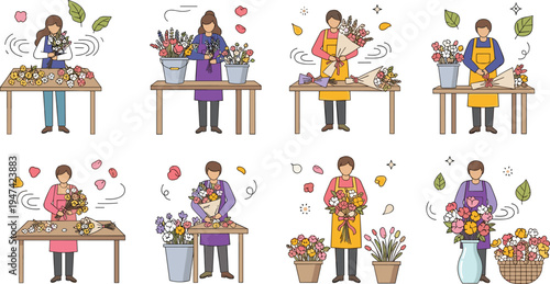 Professional florists arranging beautiful flower bouquets and floral compositions in a modern minimalist flat line vector style