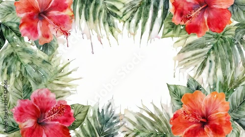 Tropical Hibiscus Flowers and Palm Leaves Border Watercolor Illustration.