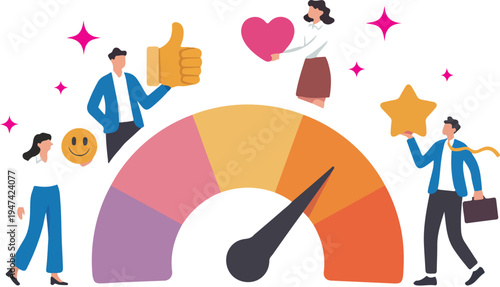 Flat design customer satisfaction meter illustration with feedback icons, smiley, star, heart and thumbs up business rating concept