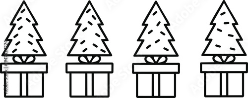 Four identical christmas trees isolated on transparent background