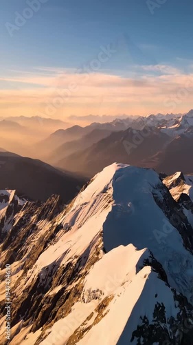 Majestic mountain peak with glaciers and river valley at sunrise
