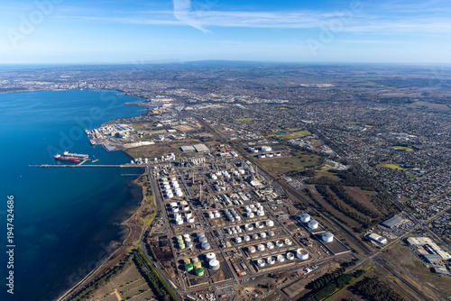 Geelong Energy Hub aerial view, oil refinery and LNG gas terminal, Corio Bay, Victoria Australia