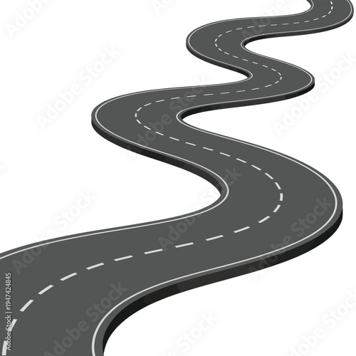 A winding gray asphalt road stretches into the distance on white