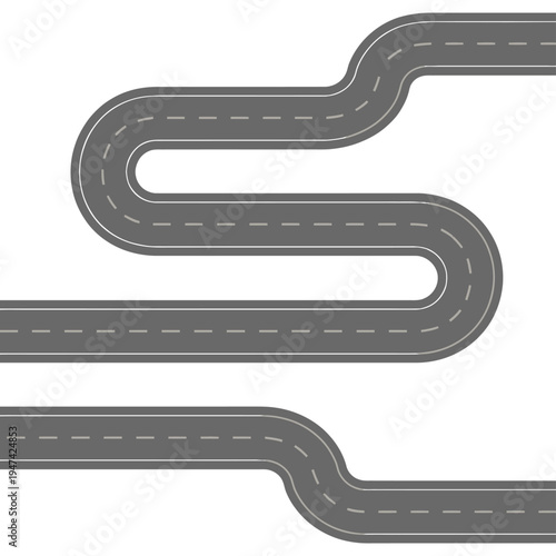 A winding gray road with dashed lane markings on a white background