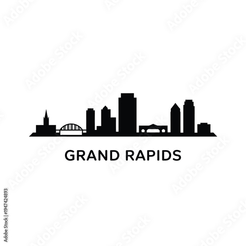 Grand rapids skyline silhouette with text on a white background