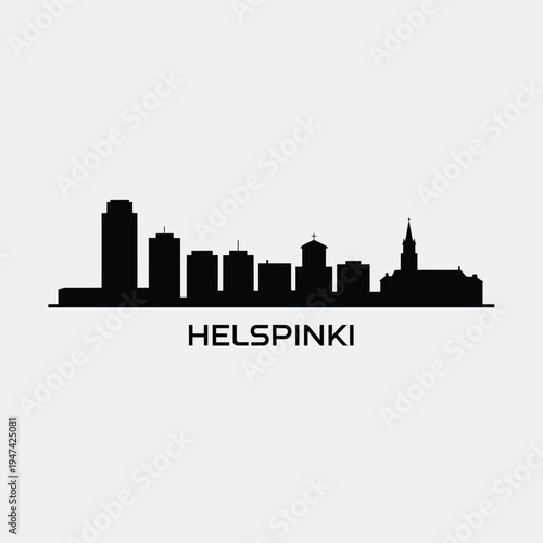 Helsinki skyline silhouette against a light gray background with city name