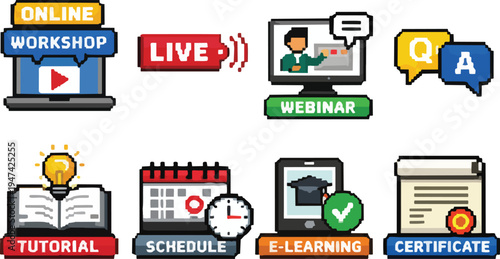 Pixel Art Online Education Icons Collection