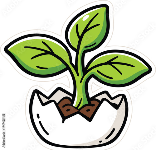 Green seedling sprout growing from cracked white eggshell with soil, new life concept vector illustration