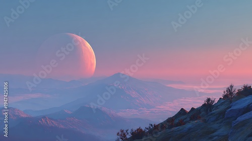An alien sunrise seen from a mountain on another planet