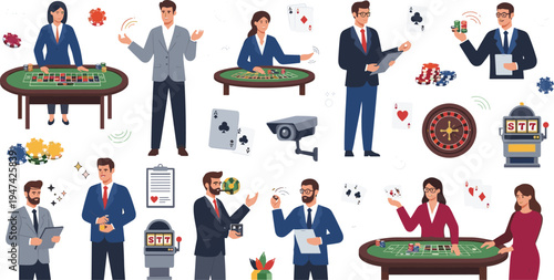 Professional casino staff and dealer characters set featuring croupiers at gaming tables security surveillance and slot machine management