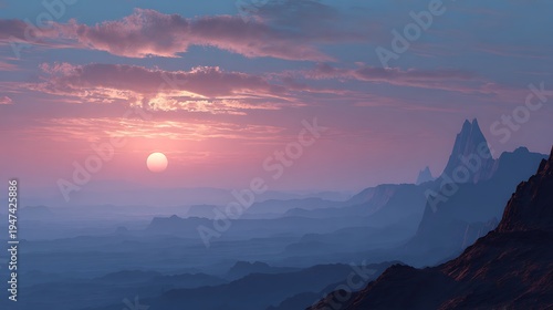 An alien sunrise seen from a mountain on another planet