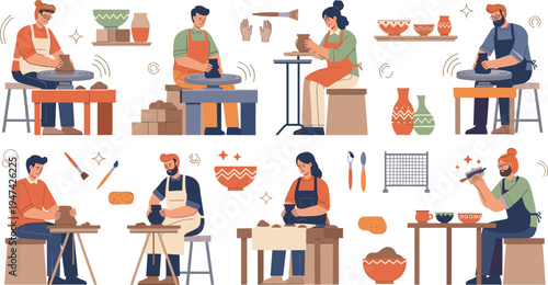 Diverse group of artisans working in pottery studio creating handmade ceramic vases and clay bowls using traditional craft techniques