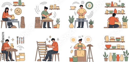 Professional pottery workshop set with craftspeople creating handmade ceramic clay vases bowls and plates in a creative studio environment