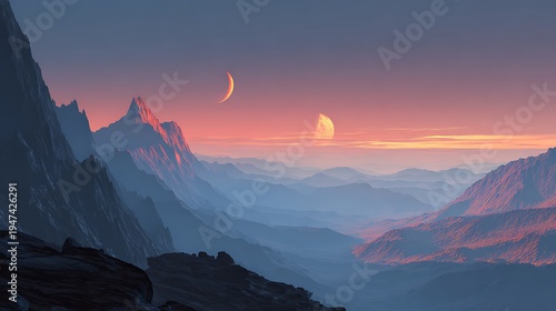 An alien sunrise seen from a mountain on another planet