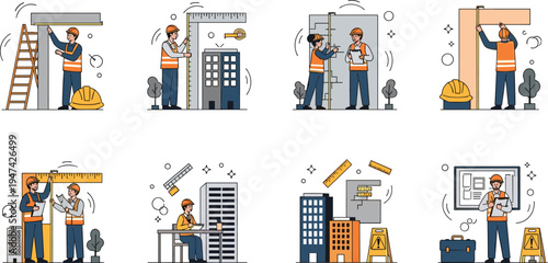 Construction workers and engineers measuring buildings with rulers and checking blueprints for architectural project planning flat vector illustration
