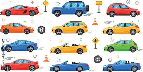 Large Vector Set of Flat Style Cars Including Sports Cars Sedans SUVs and Convertibles with Road Signs and Cones for Transportation Design