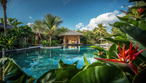 Tropical villa pool surrounded by lush foliage and bright heliconia flowers, serene luxury