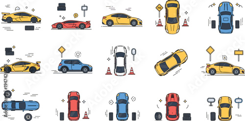 Modern sports car icons set featuring top view side profile vehicles with traffic cones and road signs for driving school vector
