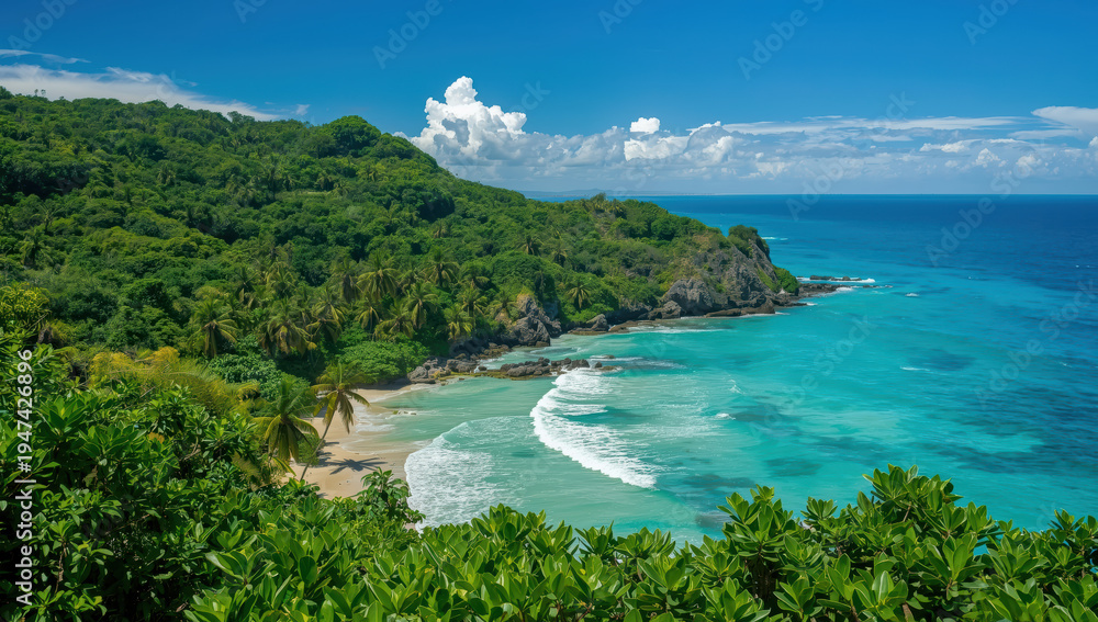 Fototapeta premium Secluded tropical beach with turquoise water, lush green hillside and palm trees in sunlight