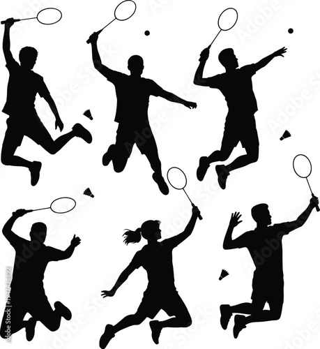 Badminton player silhouettes collection with jumping smash and racket swing action poses, professional badminton sport athletes isolated on white background vector illustration 