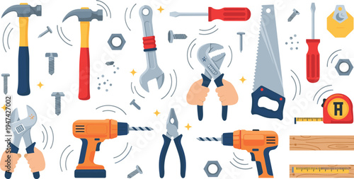 Professional construction hand tools collection with electric drill hammer saw wrench and screwdriver for DIY home repair vector