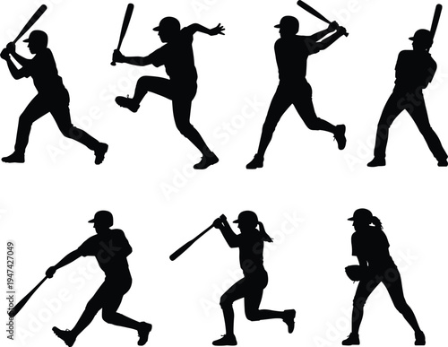 Baseball player silhouettes collection with batter swing and hitting action poses, professional baseball athletes isolated on white background vector illustration set
