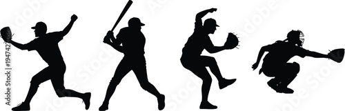 Baseball player action silhouettes set with pitcher batter and catcher poses, professional baseball sport athletes isolated on white background vector illustration collection