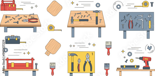 Carpentry workshop icons set with workbench toolbox hammer pliers drill and measuring tape for DIY home improvement and construction vector