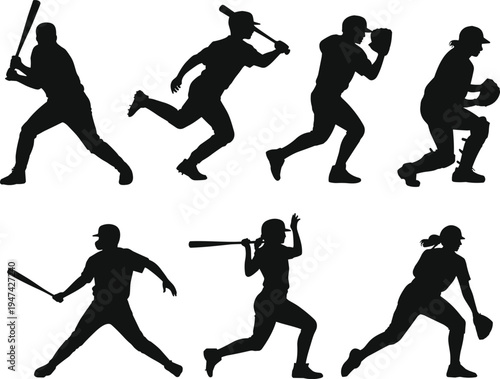 Baseball player silhouettes set with batter runner and catcher action poses, professional baseball sport athletes isolated on white background vector illustration