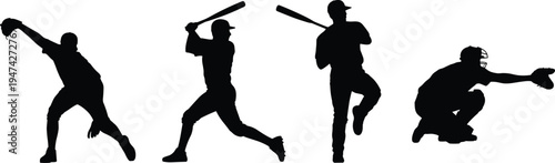 Baseball player silhouettes set including pitcher batter and catcher, professional baseball action poses collection isolated on white background for sport design vector