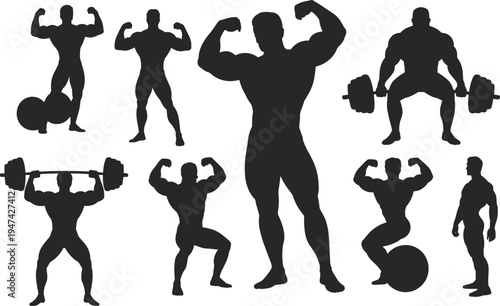 Bodybuilder silhouettes set with muscular posing and weightlifting exercises, bodybuilding fitness athletes isolated on white background for gym sport training vector illustration