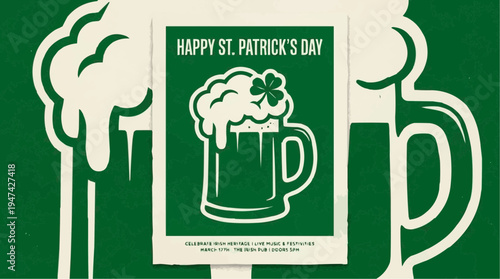 Festive st patrick's day mug with clover and foam design surrounded by oversized mugs on green monochromatic background