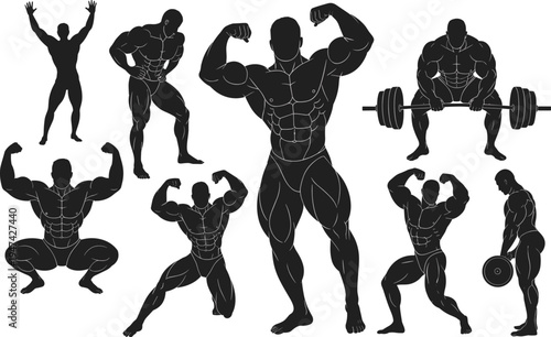 Bodybuilder and fitness athlete silhouettes collection with muscular posing and weightlifting exercises, bodybuilding training characters isolated on white background vector illustration set