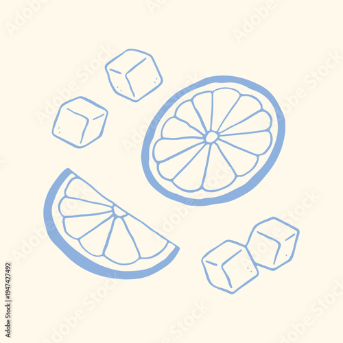 Fresh hand drawn vector illustration of lemon slices and sugar cubes. Essential tea accessories in blue line art for kitchen decor, recipe books, cafe menus, and citrus-themed designs