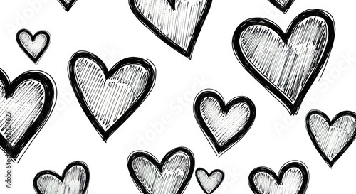 Hand-drawn sketch hearts pattern on white background.