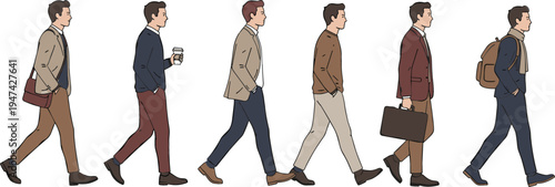 Male business professional character set walking in various poses with bags and coffee for urban commuter lifestyle illustration