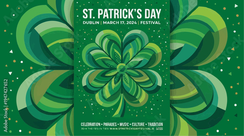 Vibrant st patrick's day flyer with bold green four leaf clover pattern and festive text on a lively polka dot background