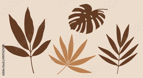 Set of abstract tropical leaves in warm earthy tones.