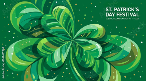 Bright green and yellow four leaf clover design for st patrick's day festival with vibrant swirling patterns