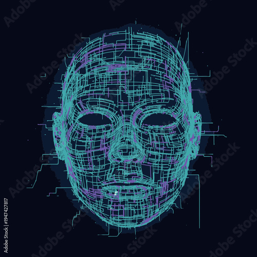 Wireframe digital human face closeup.