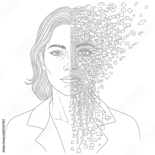 Woman face half digital disintegrating.
