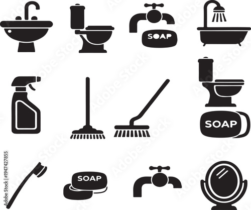 Black and white bathroom icons set with various items
