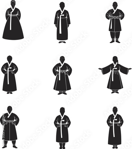 Korean traditional hanbok people silhouettes collection, men and women wearing cultural Asian clothing, historical costume characters set isolated on white background vector