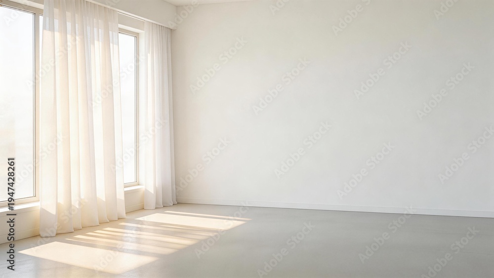 Fototapeta premium Empty room with sunlight through curtains