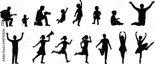 People and children silhouettes collection with jumping running cheering and musician poses, family activity characters isolated on white background for lifestyle design vector