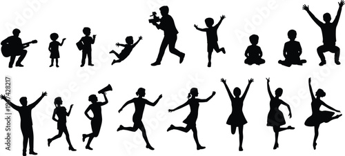 People and children activity silhouettes collection with running jumping cheering musician and cameraman poses, family lifestyle characters isolated on white background vector set
