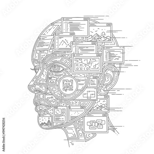 Digital human head with circuit boards.