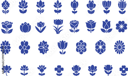 Blue Floral Pattern with Various Flowers and Leaves Illustration