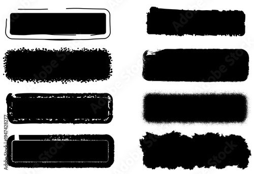 Grunge Brush Stroke Banners Set—Black Ink Frames, Spray Paint Borders, and Distressed Hand-Drawn Text Boxes Vector Illustration