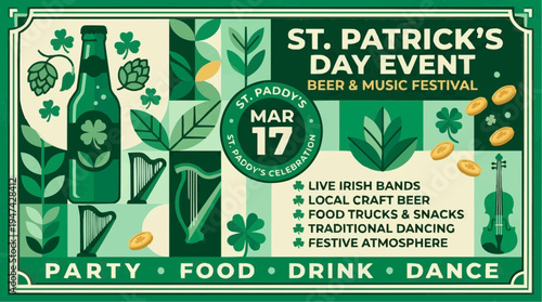 Festive st patrick's day event flyer with green beer bottles shamrocks music and dance celebration details